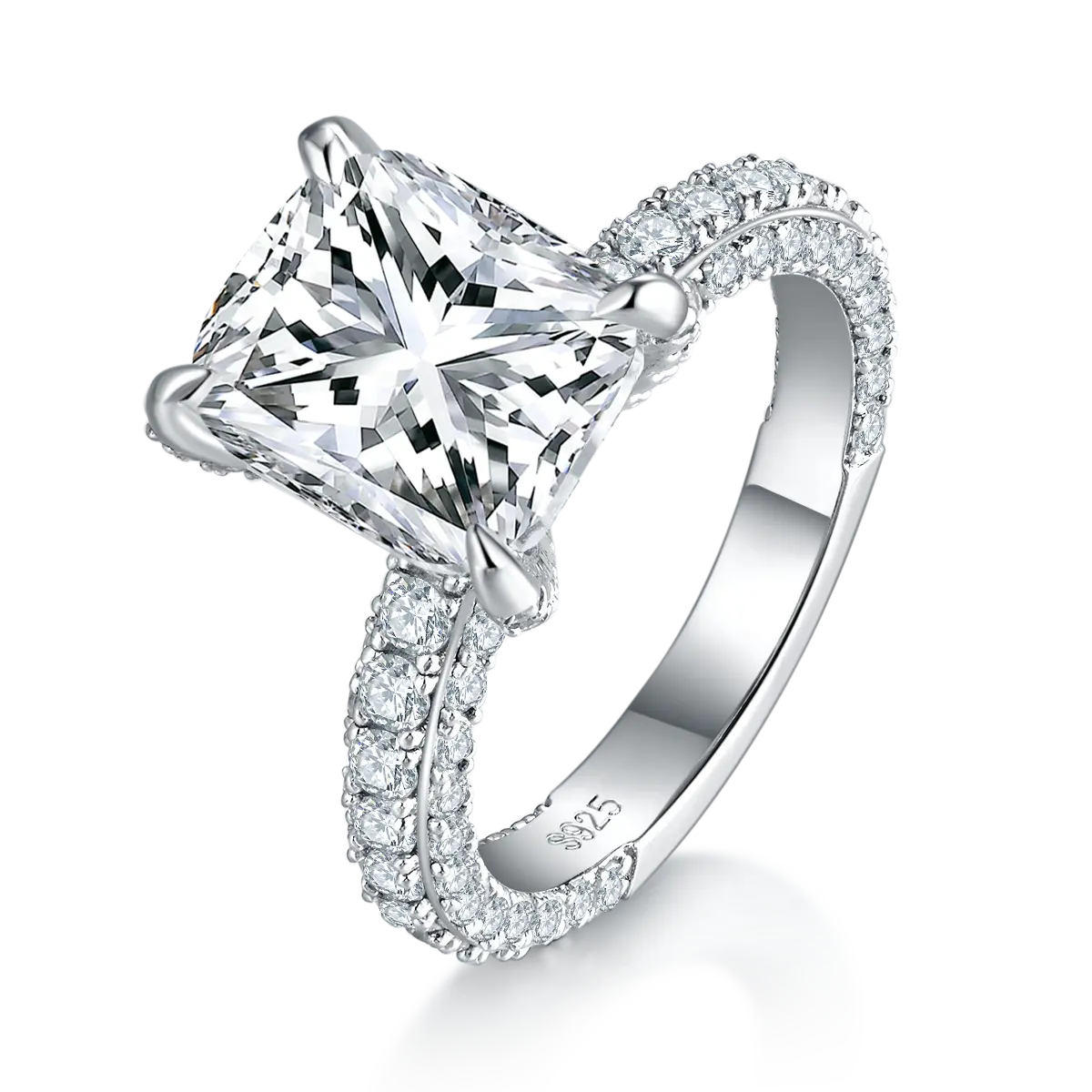Sterling Silver 18K White Gold-Plated Baguette Engagement Ring, 4.0CT Moissanite, Pavé Band AdornMazing Engagement Ring