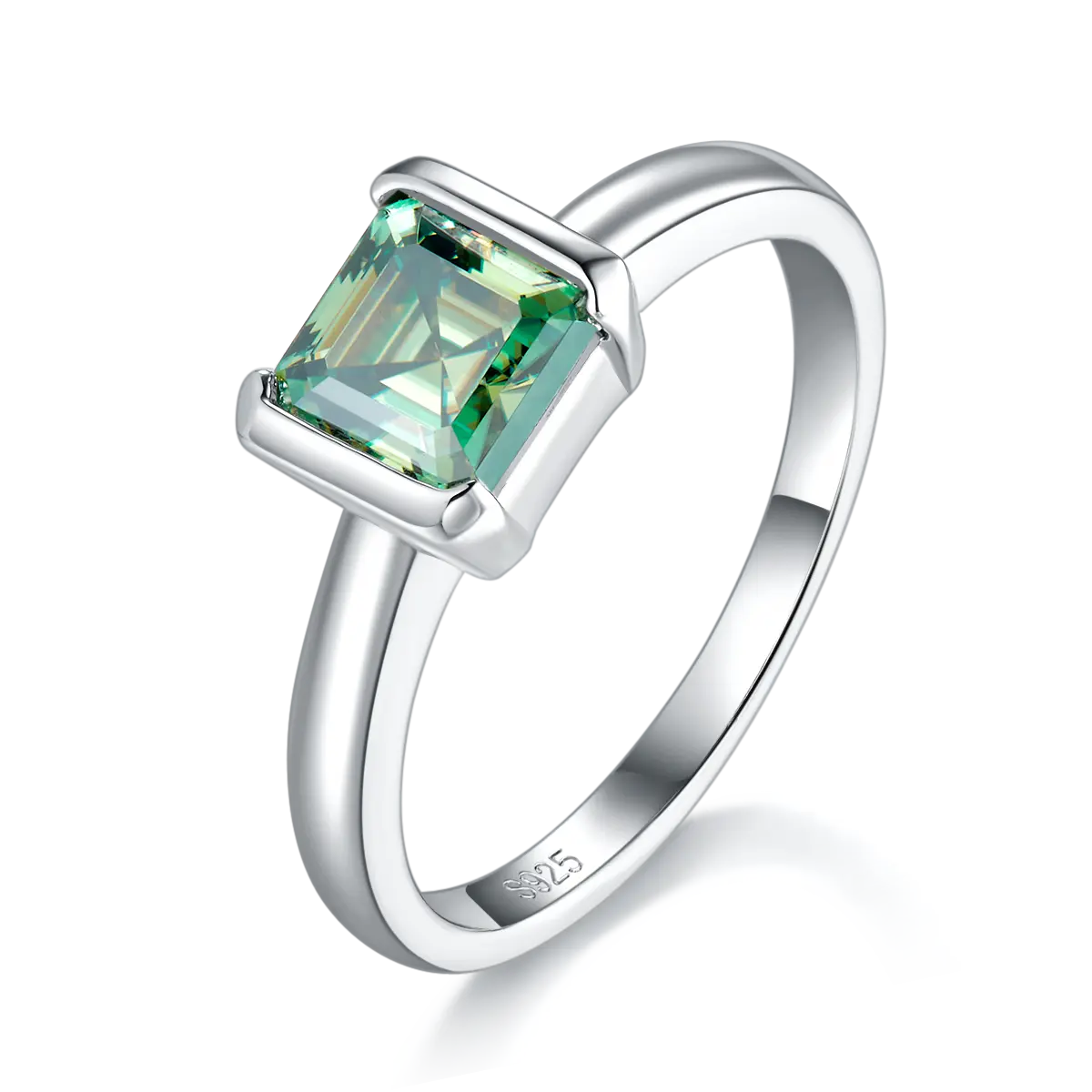 Sterling Silver Emerald-Cut Green Moissanite Ring, 1.0CT, 18K White Gold-Plated AdornMazing Fashion Rings