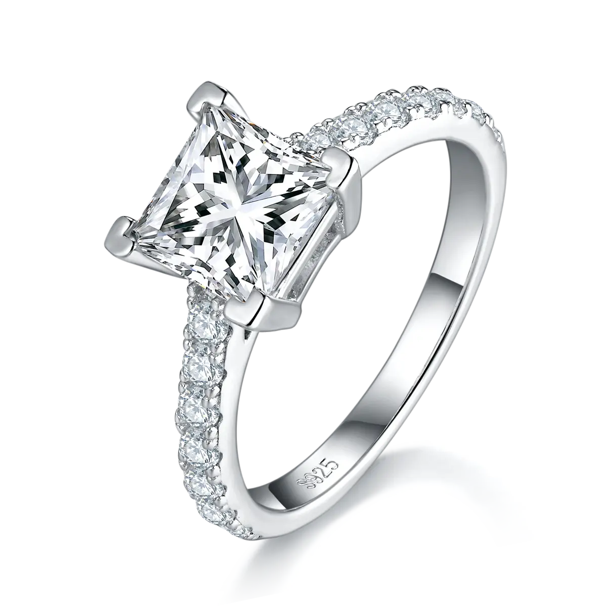 Sterling Silver Princess Cut Moissanite Ring, 2.0CT, 18K White Gold-Plated, Pavé Band AdornMazing Engagement Ring