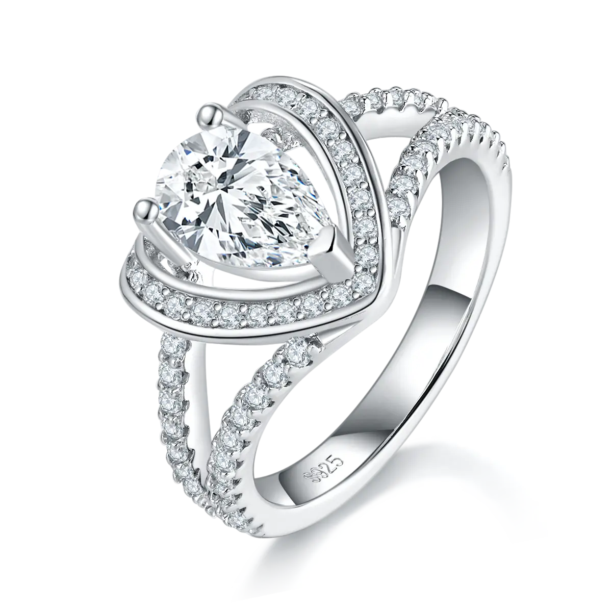 Sterling Silver Pear-Shaped Moissanite Ring, 1.0CT, 18K White Gold-Plated, Double Band AdornMazing Engagement Ring