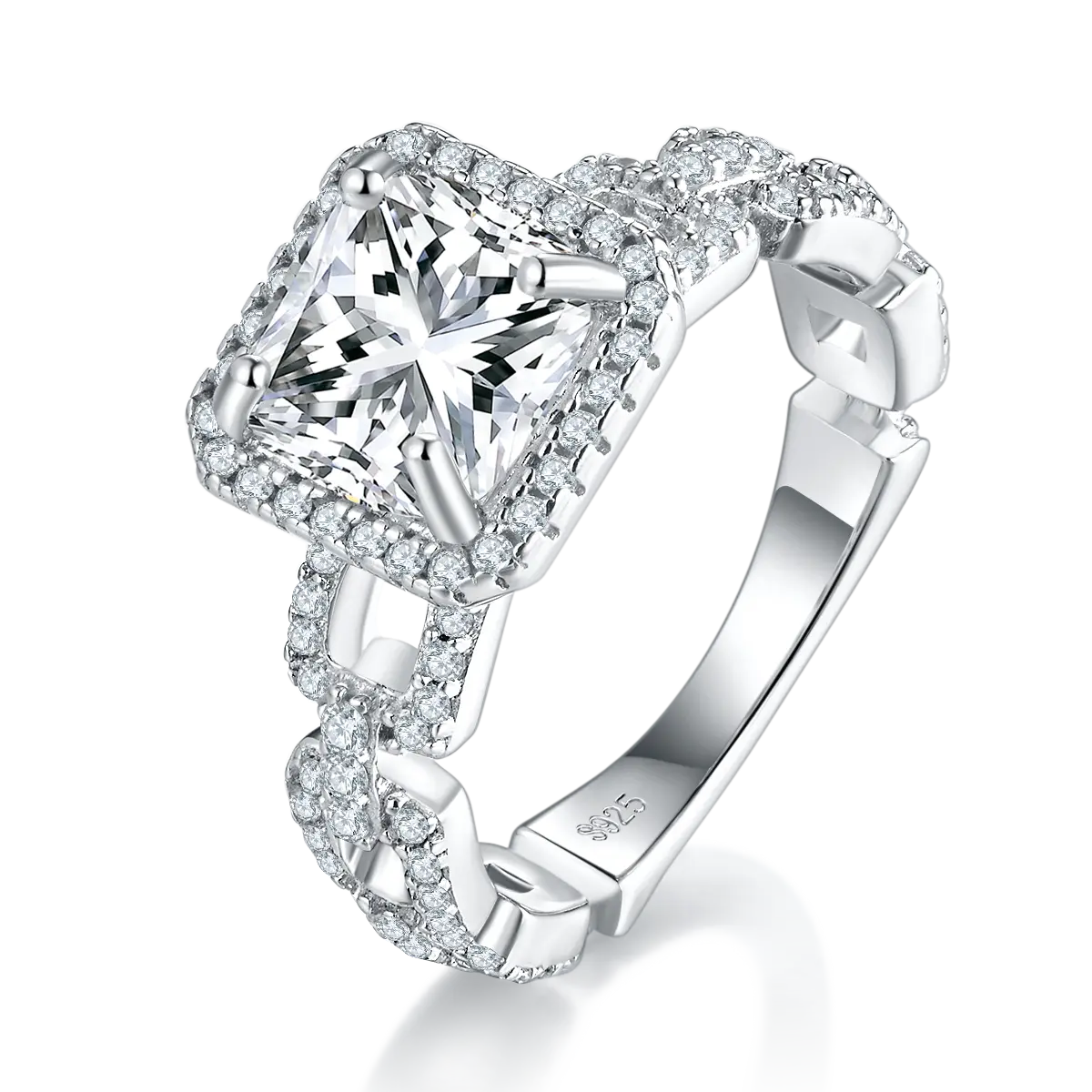 Sterling Silver Princess-Cut Moissanite Ring, 3.0CT, 18K White Gold-Plated, Paved Chain Band AdornMazing Engagement Ring