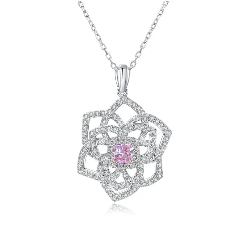 Sterling Silver Floral Pendant Necklace, S925 White Gold-Plated, Yellow Center Stone - AdornMazing