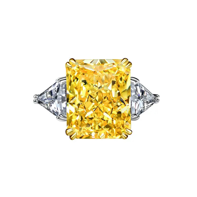 Sterling Silver S925 Yellow Radiant-Cut Cubic Zirconia Ring, Trillion Side Stones - AdornMazing