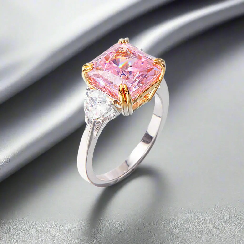S925 Sterling Silver Two-Tone Cushion-Cut Pink Ice-Cut Ring, 10x10mm, Teardrop Accents - AdornMazing