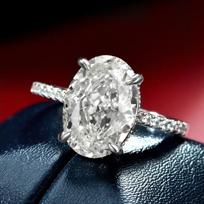 Sterling Silver S925 Platinum-Plated White Ice Flower Cut 8x12mm Oval High Carbon Diamond Ring - AdornMazing