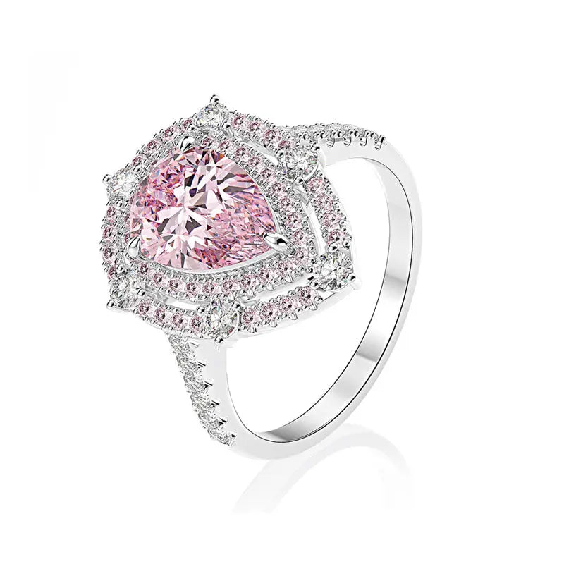 Sterling Silver S925 Platinum-Plated Pink Ice Flower Cut 7x9mm Pear-Shaped High Carbon Diamond Ring AdornMazing Fashion Rings