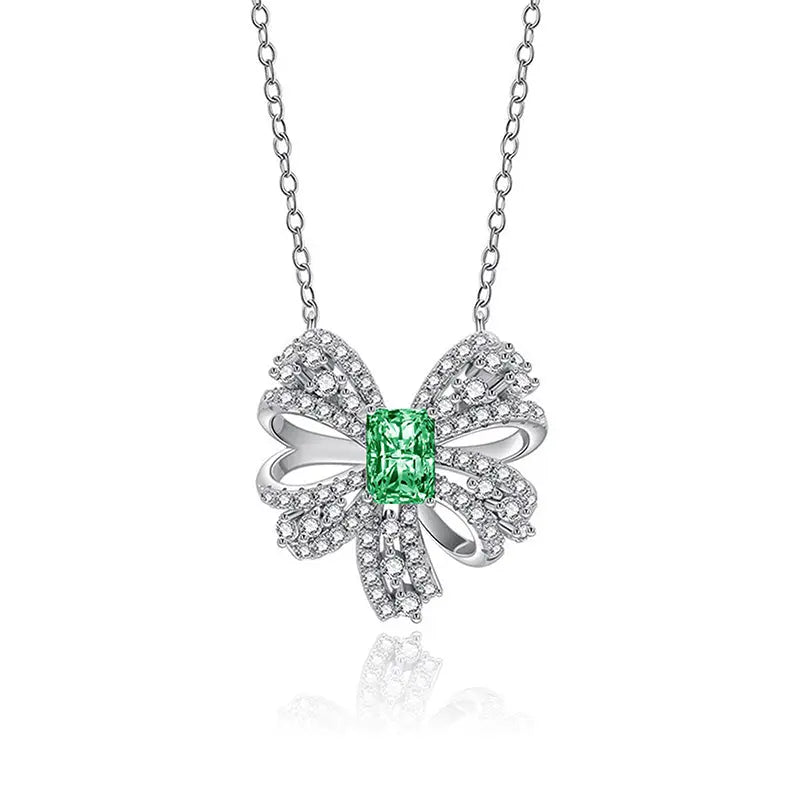 Sterling Silver Bow Pendant Necklace, S925 White Gold-Plated, Green Octagon Stone AdornMazing Pendant Necklaces