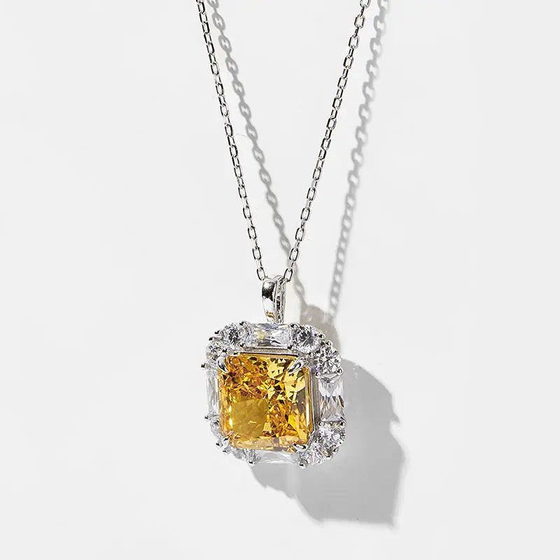 Sterling Silver Cushion-Cut Yellow Pendant Necklace, S925 White Gold-Plated, Halo Design AdornMazing Pendant Necklaces