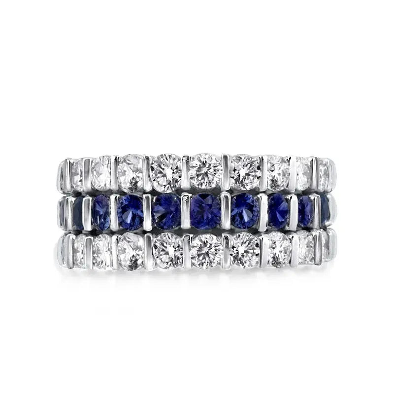 Sterling Silver S925 Eternity Band, Blue & White CZ, 3-Row Pave Design - AdornMazing