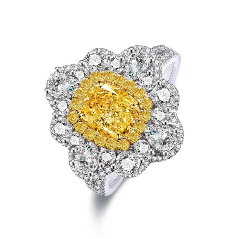 S925 Sterling Silver Halo Ring, Yellow Ice-Cut Cushion, 6x8mm, Vintage Floral Design - AdornMazing