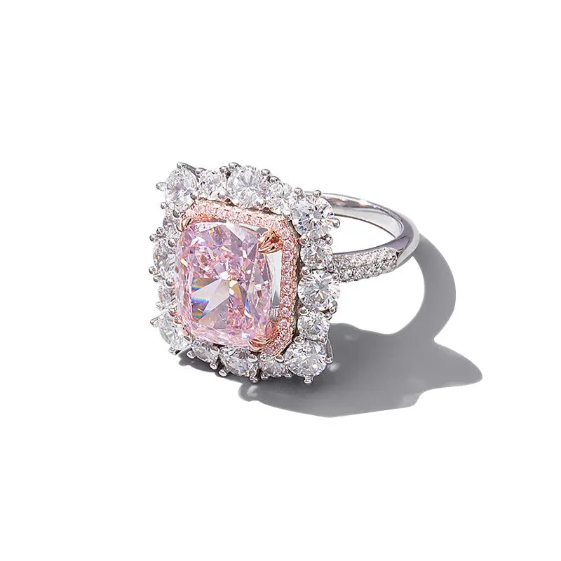 S925 Sterling Silver Halo Ring, Pink Ice-Cut Cushion, 10x12mm, Floral Design - AdornMazing