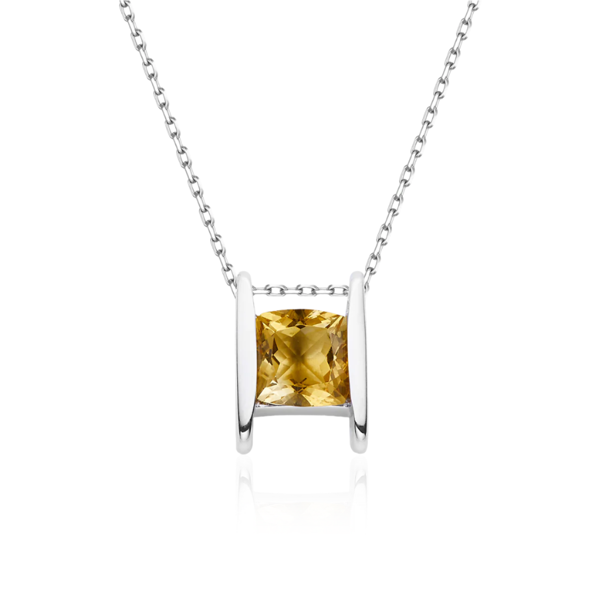 Silver necklace with a yellow Citrine gemstone pendant on a white background