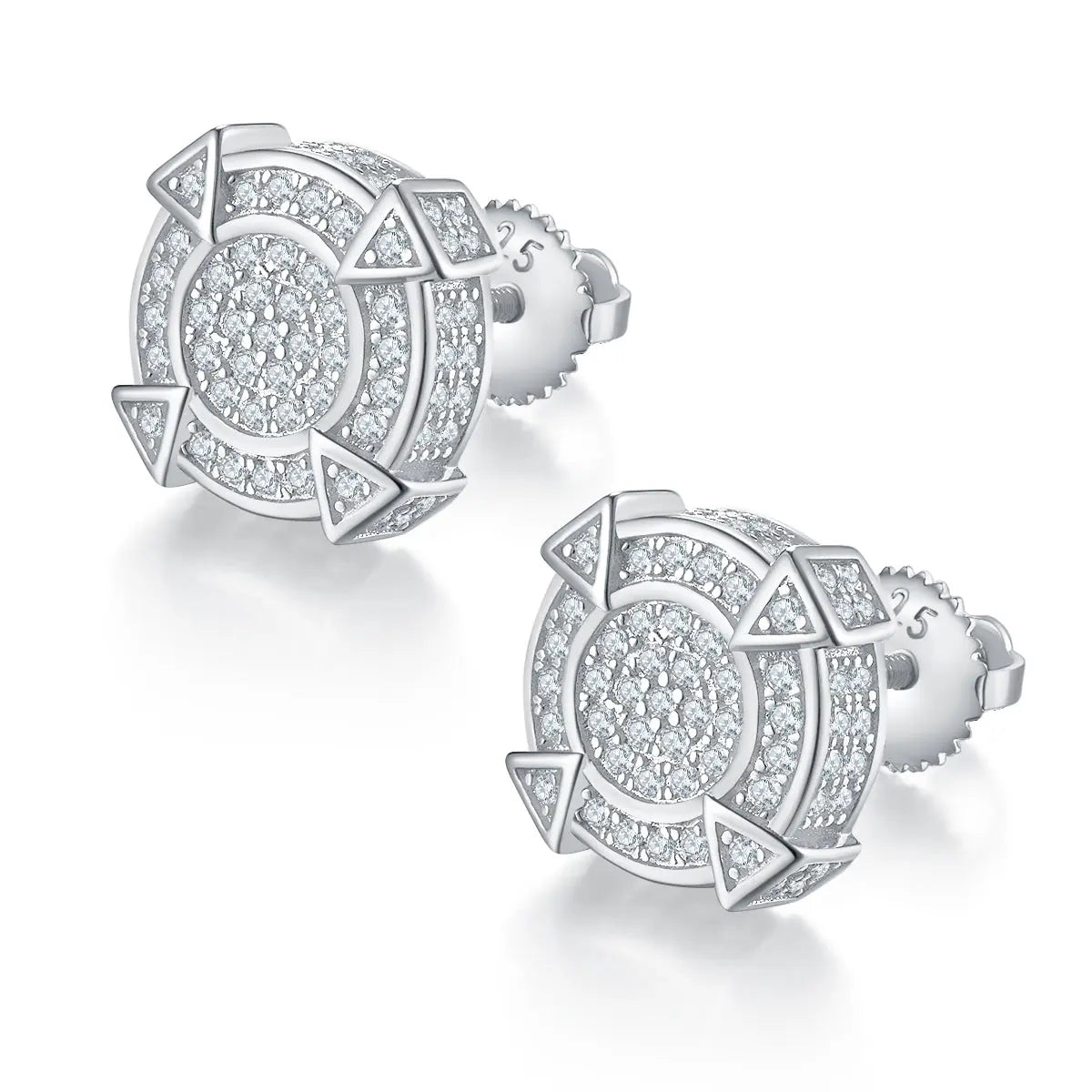 Sterling Silver S925 Moissanite Earrings with Pavé Cluster Design, Screw-Back, Geometric Accents -  Silver -  AdornMazing