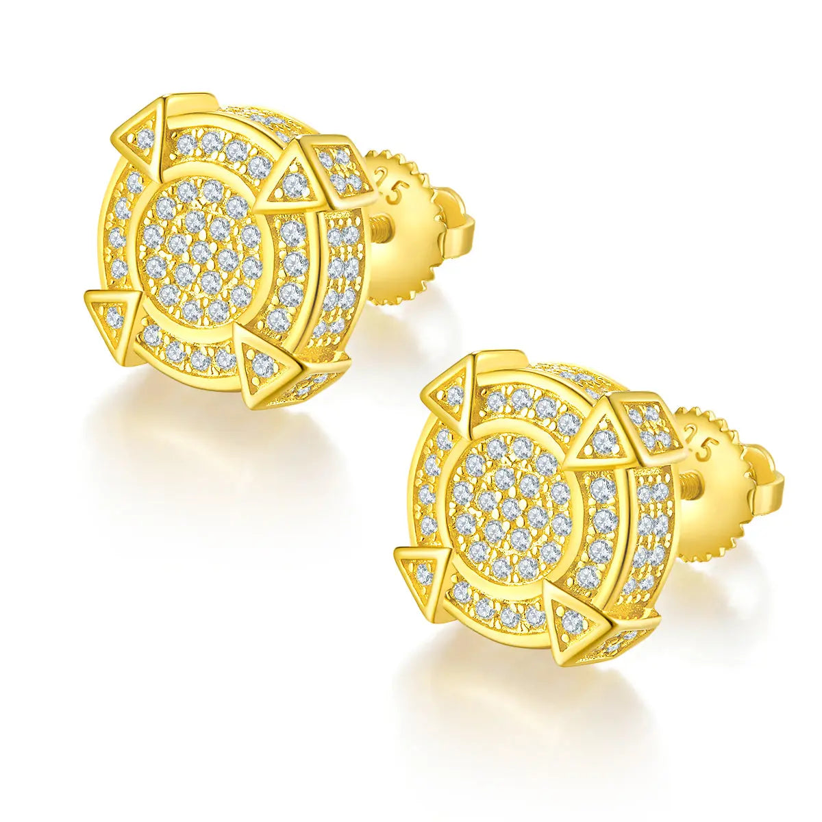 Sterling Silver S925 Moissanite Earrings with Pavé Cluster Design, Screw-Back, Geometric Accents -  Gold -  AdornMazing
