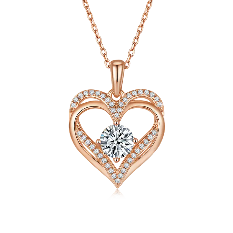 Sterling Silver Heart Pendant Necklace, D Grade Moissanite, 1CT Center Stone AdornMazing Moissanite Necklaces