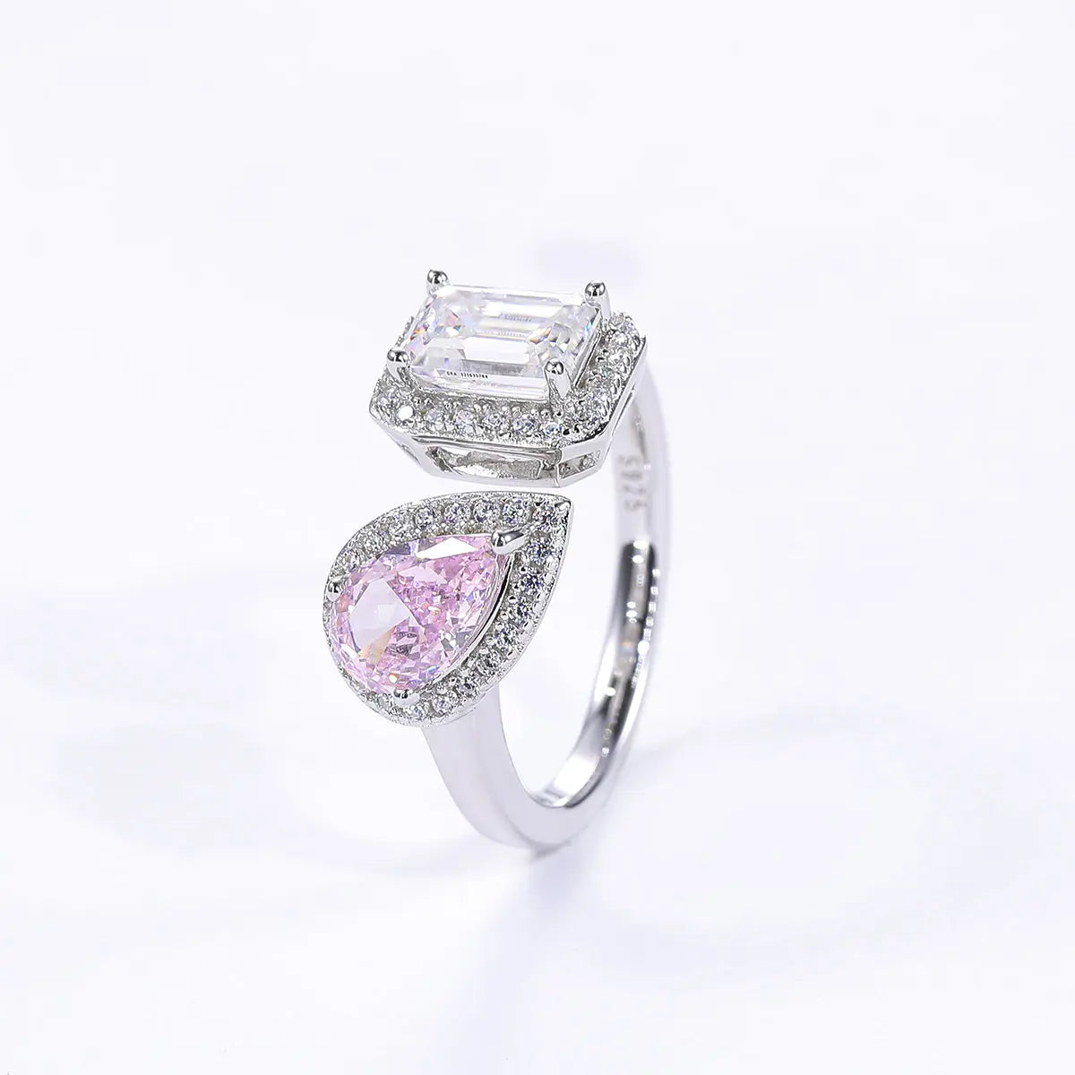Emerald-Cut Moissanite & Teardrop CZ Ring, 1CT D Grade, S925 Silver, 43 Accent Stones AdornMazing Moissanite Rings.