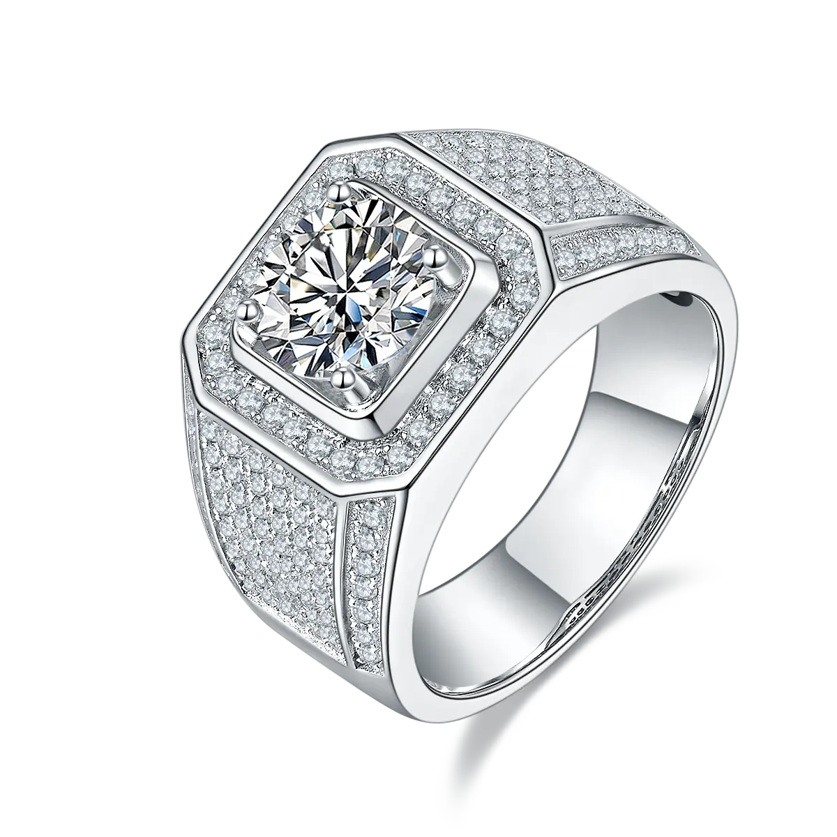 Men’s Sterling Silver S925 Moissanite Ring, 2CT D Grade, Pavé Bold Square Design AdornMazing Men's Rings