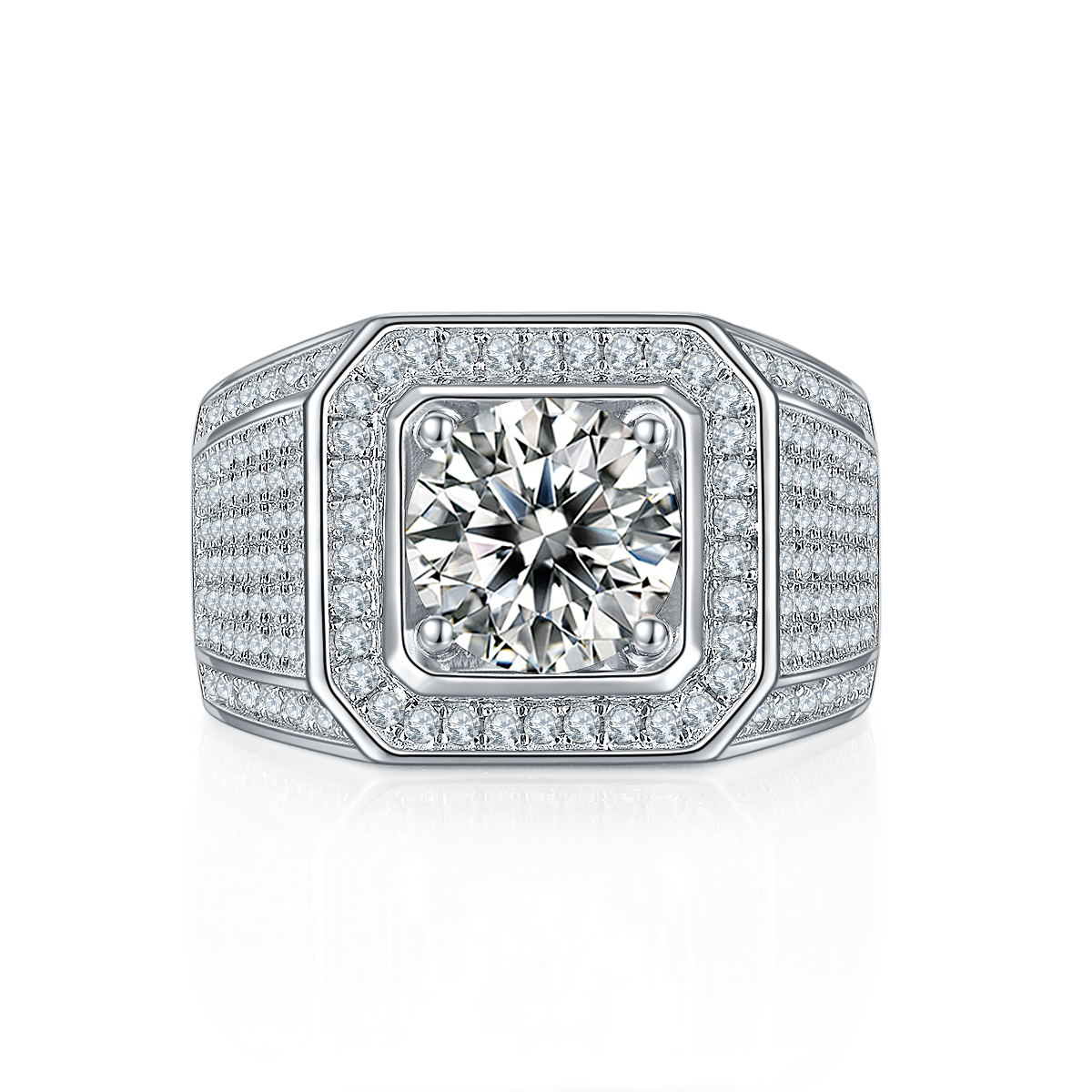 Men’s Sterling Silver S925 Moissanite Ring, 3CT D Grade, Pavé Bold Frame Design - AdornMazing