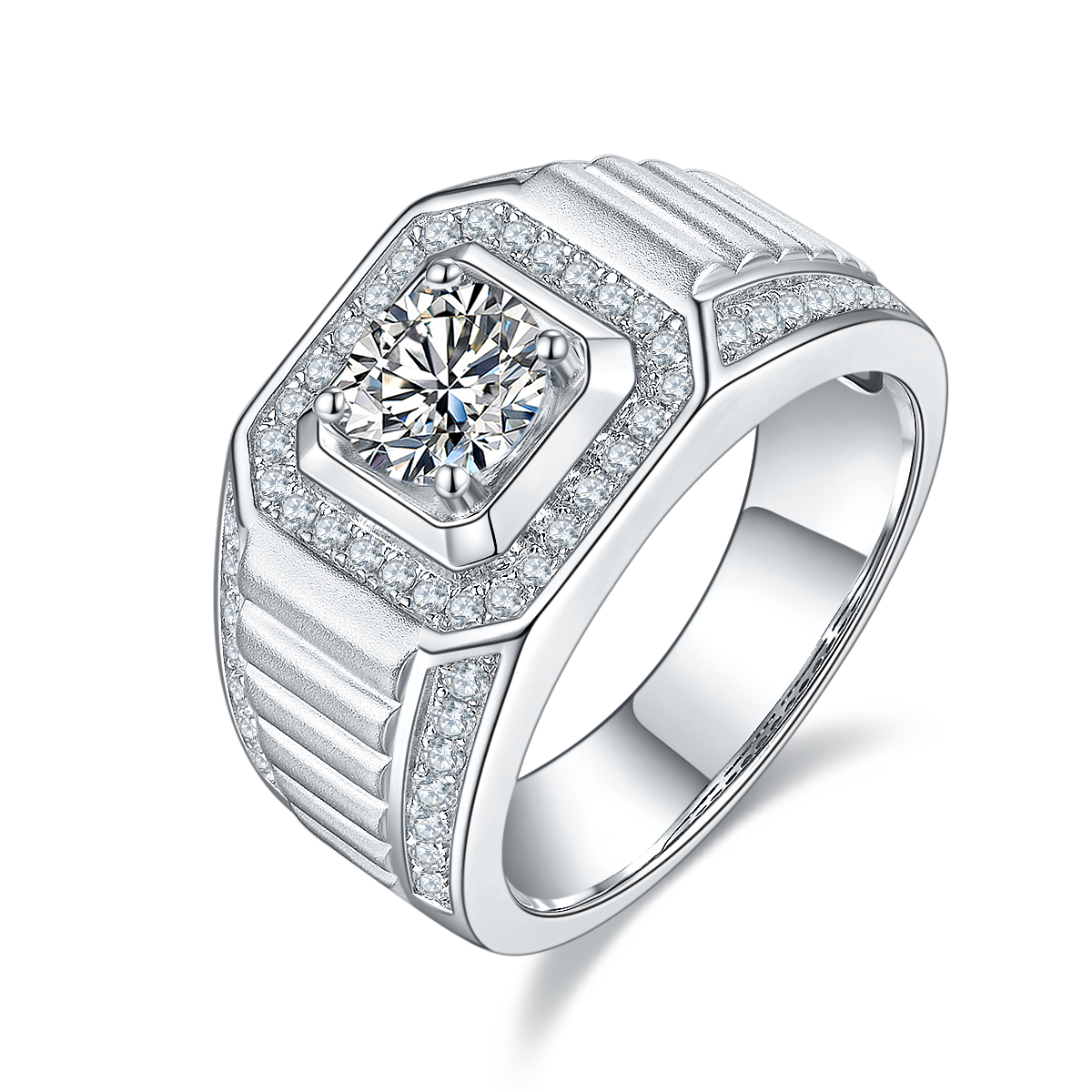 Men’s Sterling Silver S925 Moissanite Ring, 1CT D Grade, Octagon Halo Design - AdornMazing