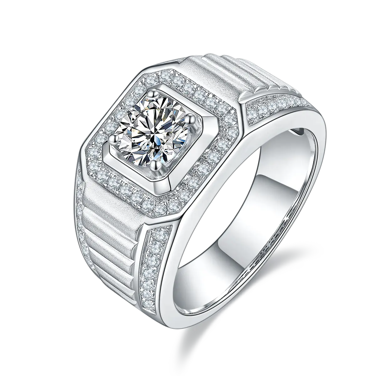 Men’s Sterling Silver S925 Moissanite Ring, 1CT D Grade, Octagon Halo Design AdornMazing Men's Rings