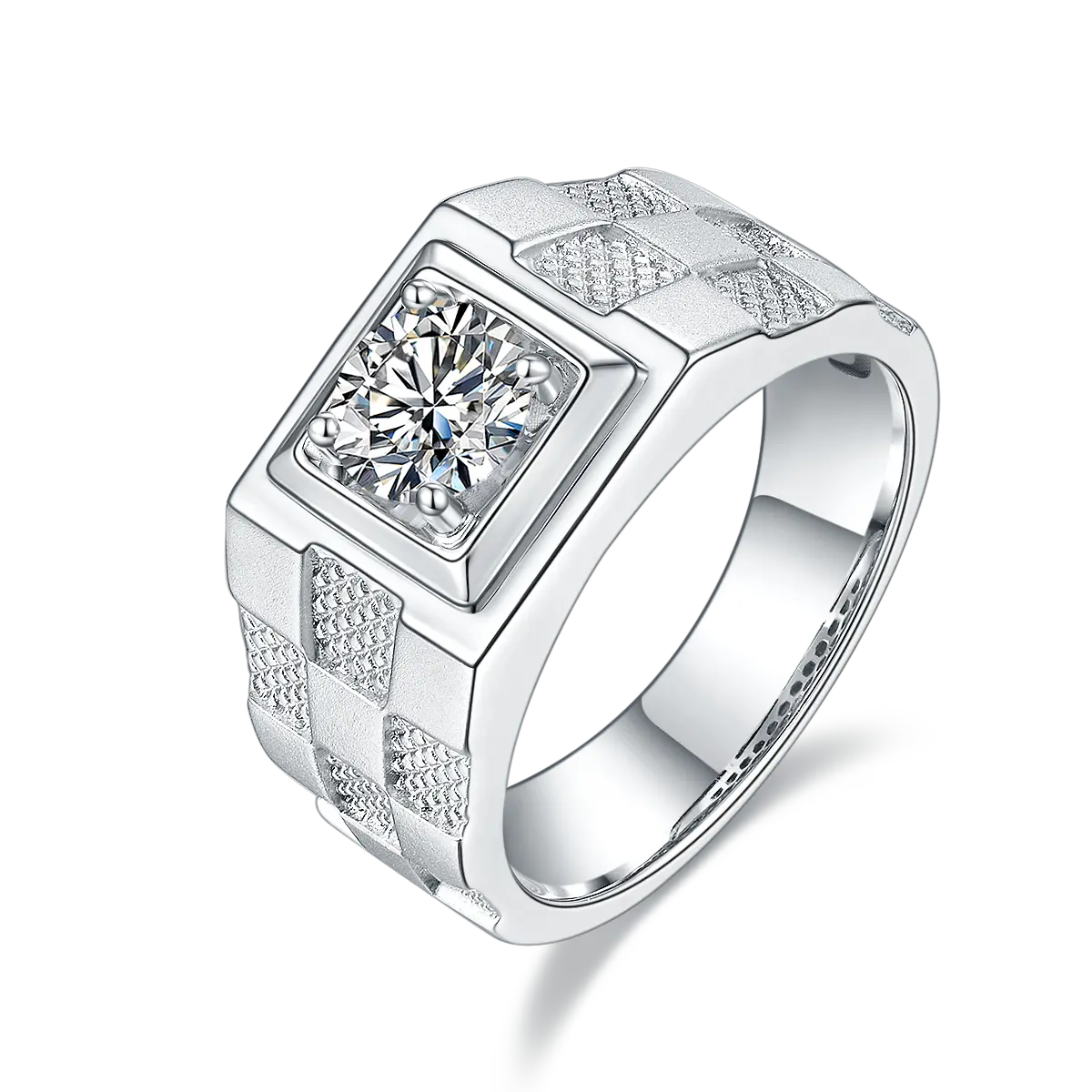 Men's Sterling Silver S925 Statement Ring, 1CT D Grade Moissanite, 18K White Gold Plated, Engraved Check Pattern AdornMazing Men's Rings