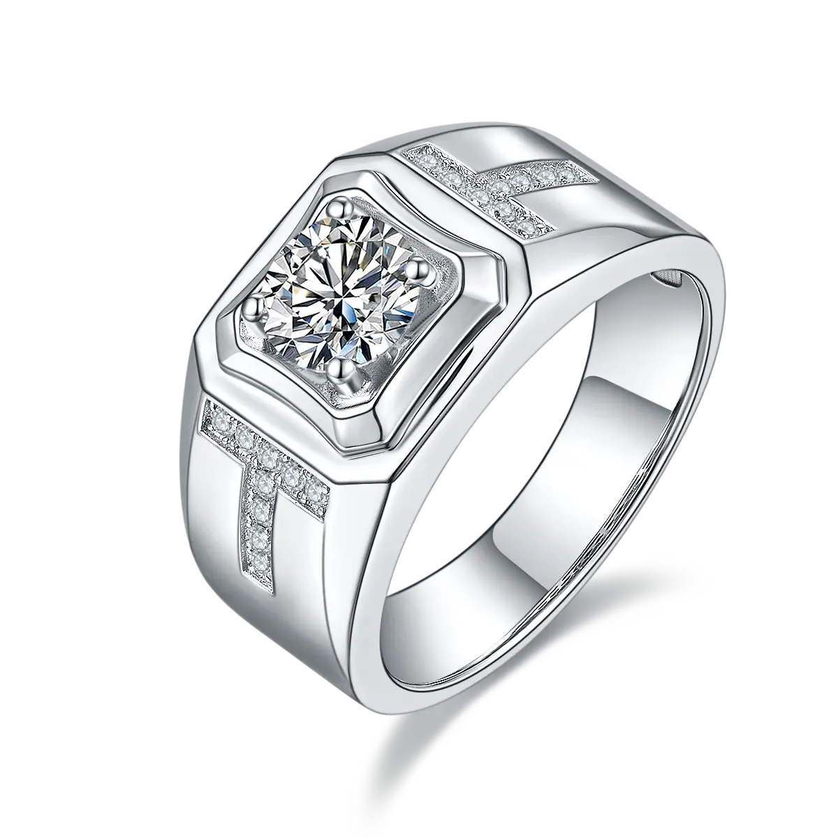 Men’s S925 Sterling Silver Moissanite Ring, 1CT D Grade, Polished White Gold Finish AdornMazing Men's Rings