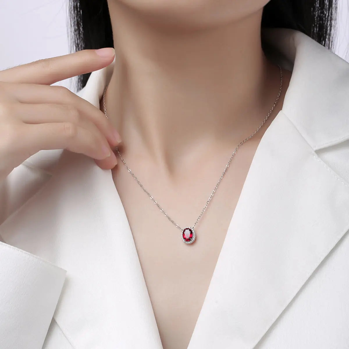 Sterling Silver Oval-Cut Gemstone Pendant Necklace, 1.5CT, White Gold Finish - AdornMazing