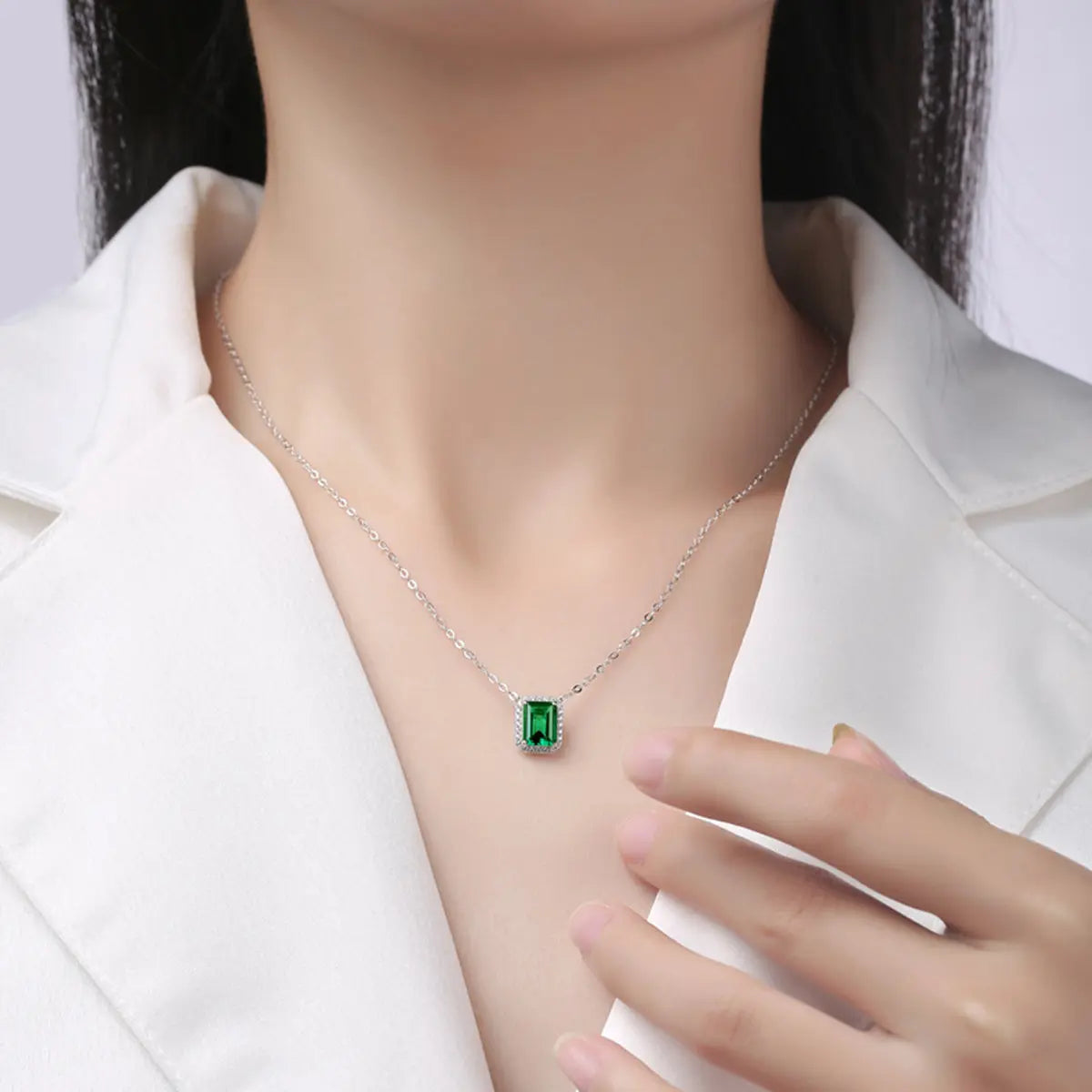 Sterling Silver Emerald-Cut Gemstone Halo Pendant Necklace, 1.5CT, White Gold Finish - AdornMazing