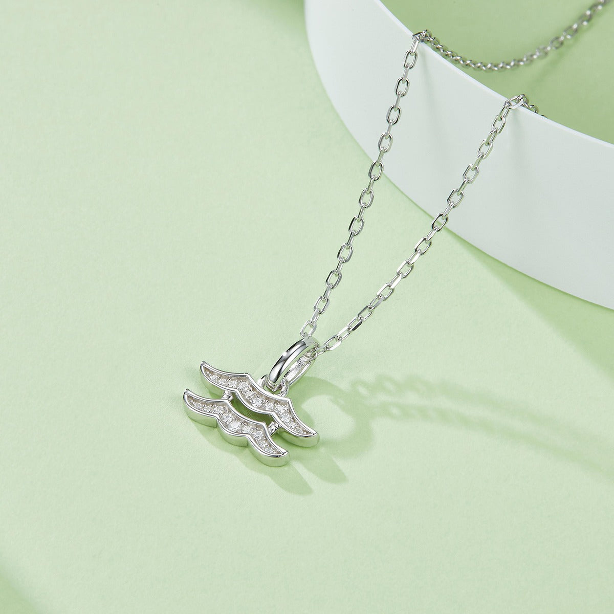 Silver necklace with a Aquarius Zodiac Pendant on a light green background