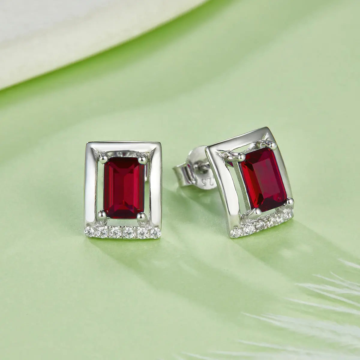 Sterling Silver Emerald-Cut Gemstone Stud Earrings, Lab-Grown Ruby, Sapphire, Emerald - AdornMazing