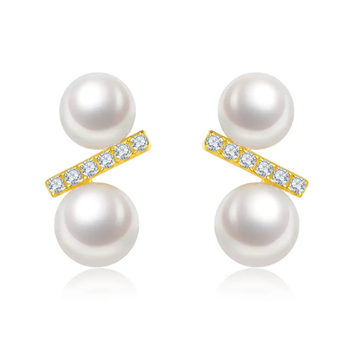 Sterling Silver Pearl Stud Earrings, Modern Geometric Design with Gold & White Accents - AdornMazing