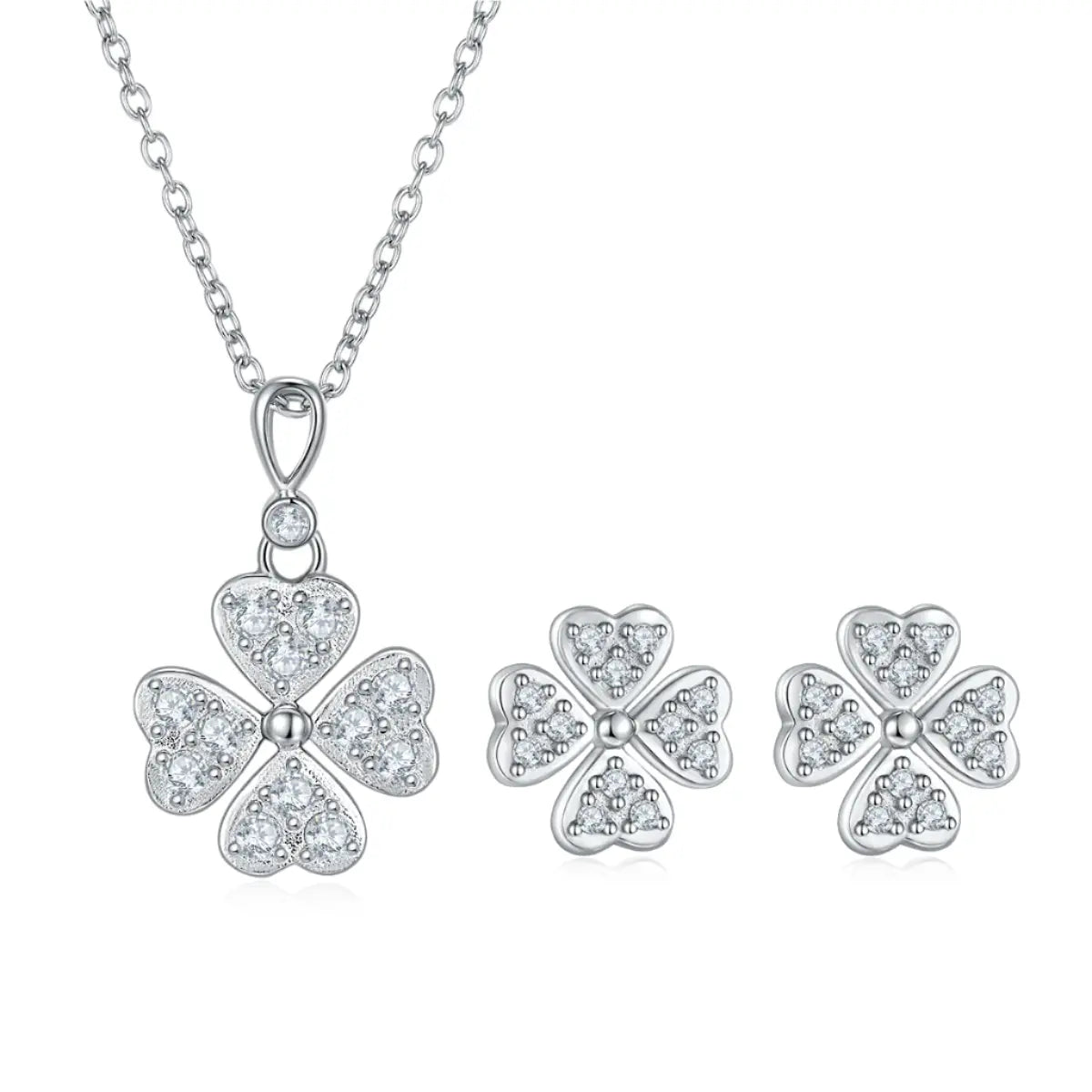 Sterling Silver Four-Leaf Clover Jewelry Set, Moissanite Pendant & Stud Earrings - AdornMazing