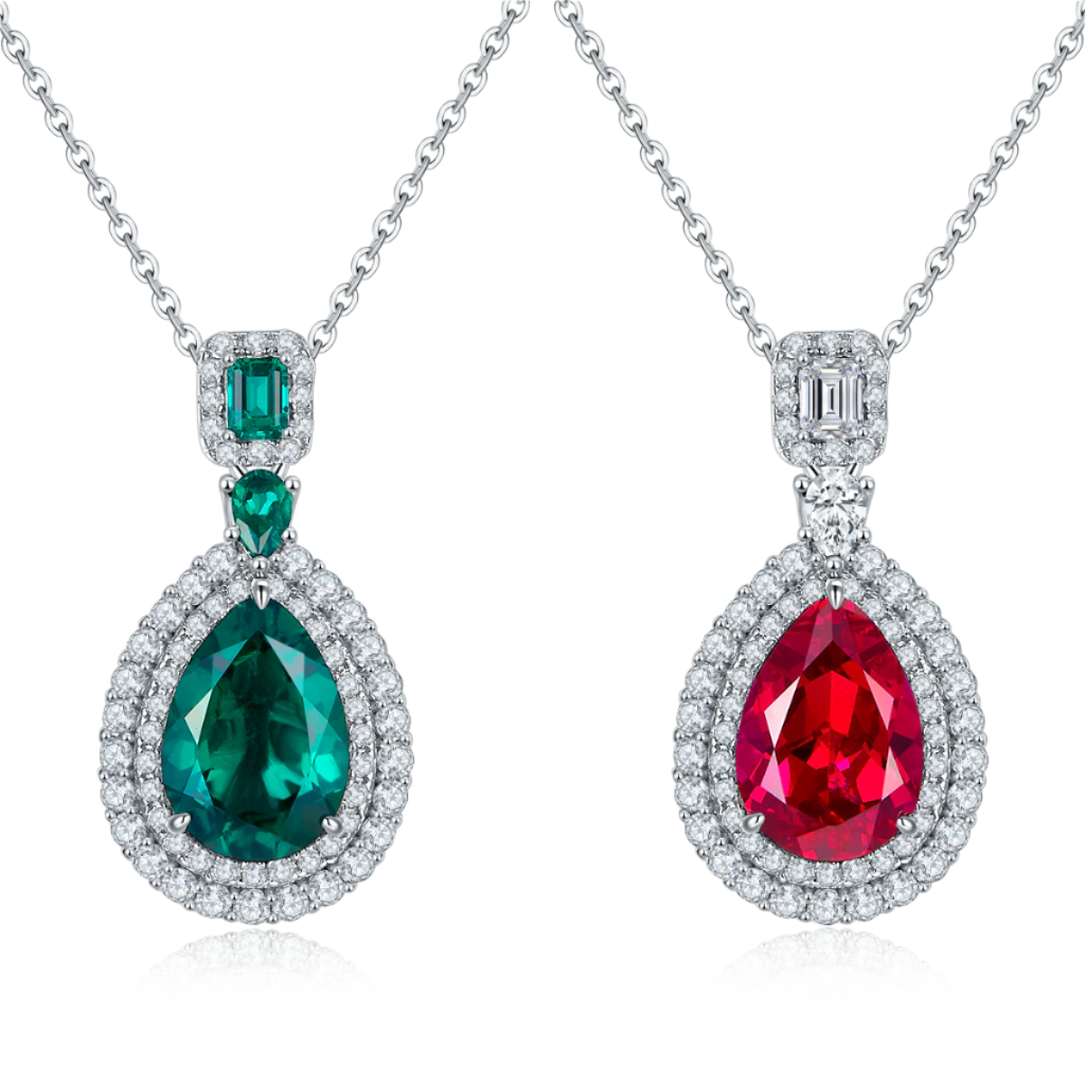 Elegant Pear-Shaped Lab-Grown Emerald & Ruby Pendant Necklace S925 Silver 3.5CT