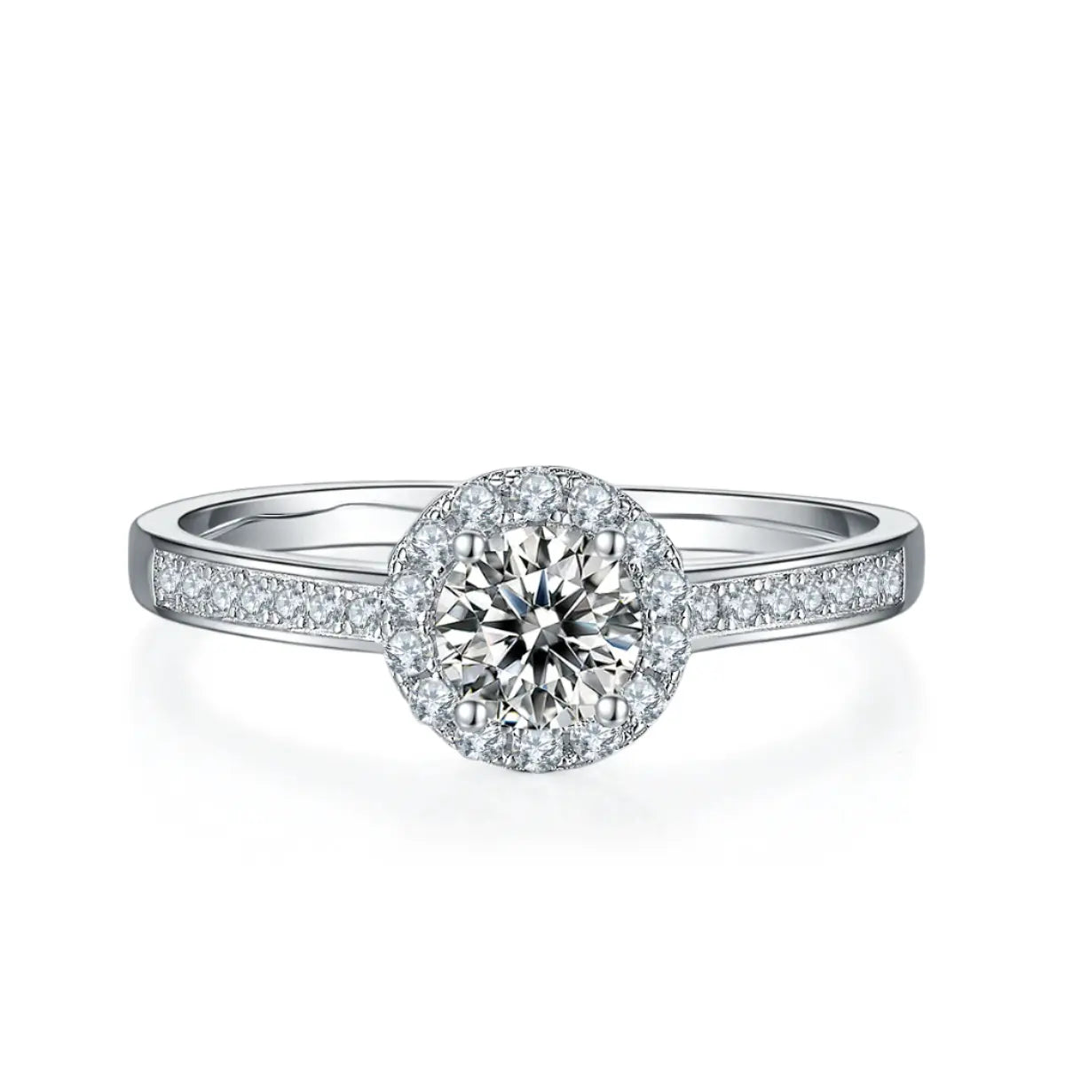 0.50CT halo moissanite ring in S925 sterling silver for a halo versus solitaire comparison