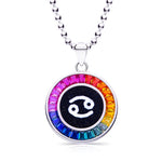 Necklace with a colorful cancer zodiac pendant on a white background
