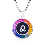Necklace with a colorful leo zodiac pendant featuring the Leo symbol on a white background