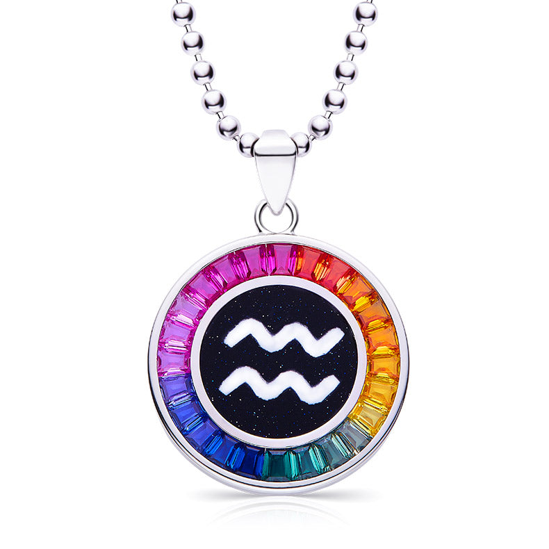 Necklace with a colorful Aquarius zodiac pendant featuring the Aquarius symbol on a white background