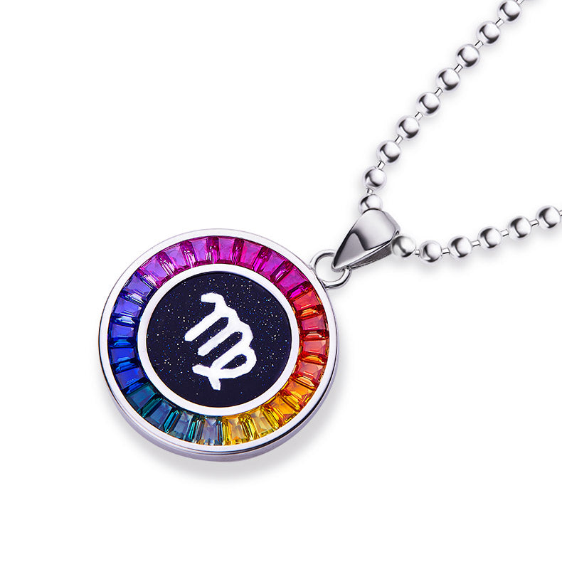 Necklace with a colorful virgo pendant featuring a zodiac symbol on a white background