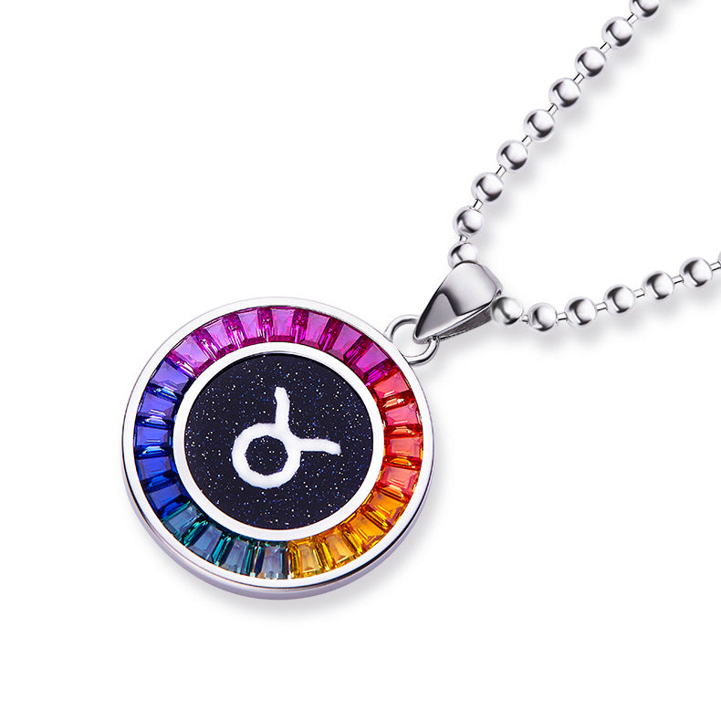 Necklace with a colorful pendant featuring a symbol on a white background