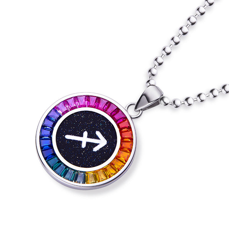 Necklace with a colorful Sagittarius Zodiac pendant featuring an arrow symbol on a white background