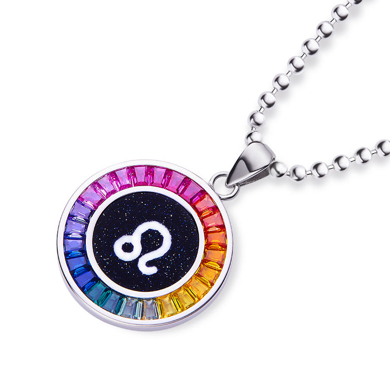 Necklace with a colorful leo zodiac pendant on a white background