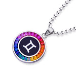 Necklace with a colorful gemstone pendant featuring the Gemini zodiac symbol on a white background.