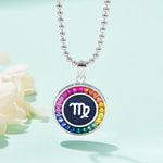 Necklace with a colorful virgo pendant featuring the Virgo symbol on a light blue background