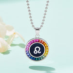 Necklace with a colorful leo pendant featuring a zodiac symbol on a light blue background