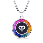 Necklace with a colorful pendant featuring the Aries symbol on a white background