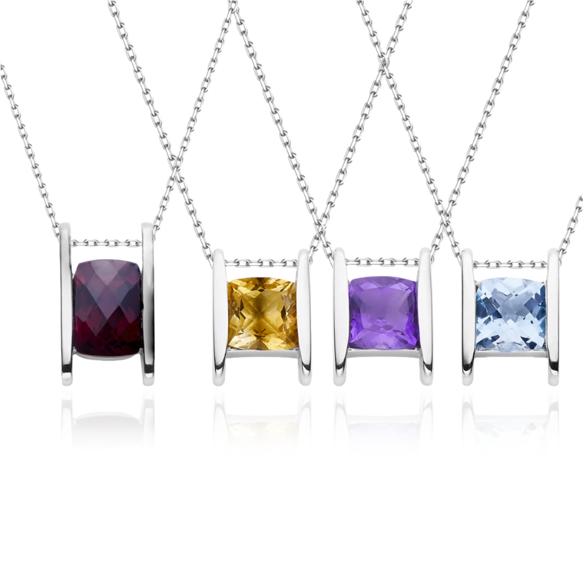 Four square Amethyst gemstone pendants on silver chains against a white background