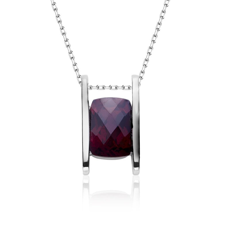 Necklace with a purple garnet and silver frame on a white background