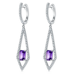 Pair of silver earrings with purple amethyst gemstones on a white background