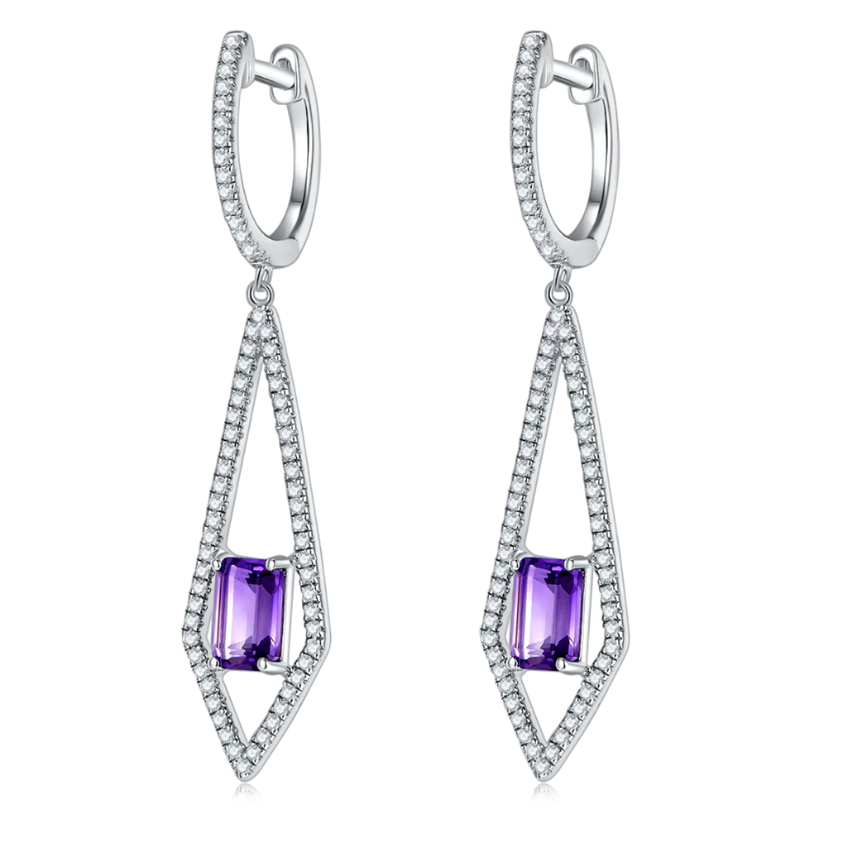 Pair of silver earrings with purple amethyst gemstones on a white background