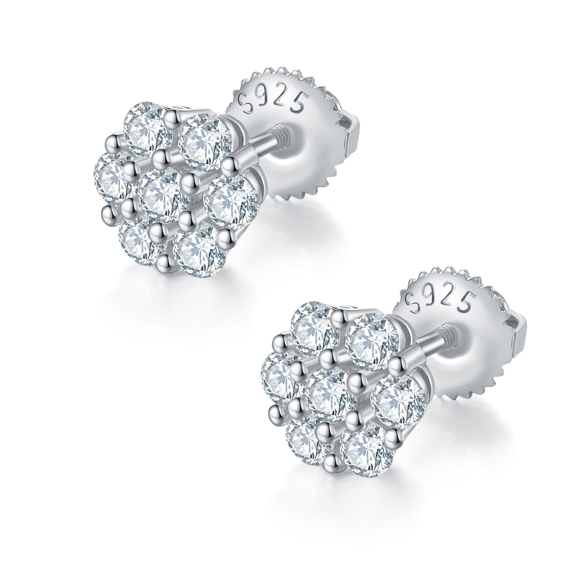 Sterling Silver S925 Round Cluster Moissanite Stud Earrings, 0.84CT Total, Screw Back AdornMazing Moissanite Earrings.